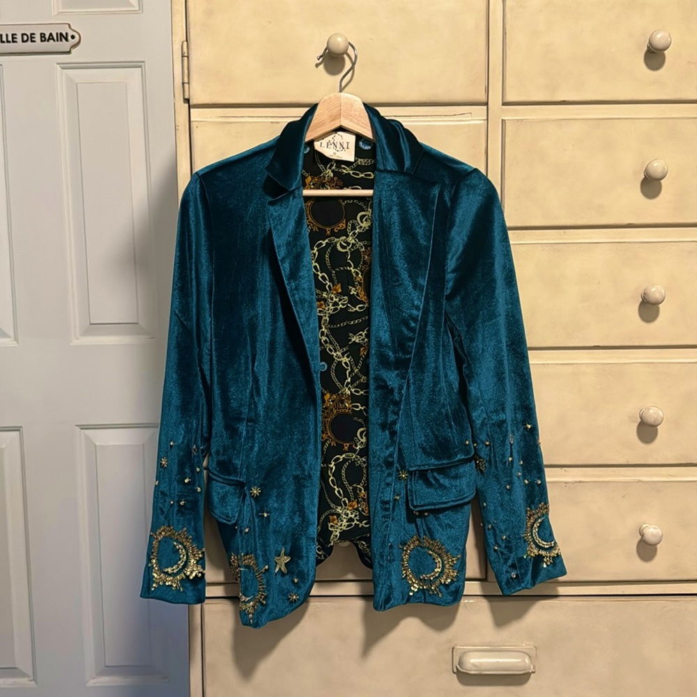 Anthropologie Bright Teal Moon Velvet Blazer with Gold Details